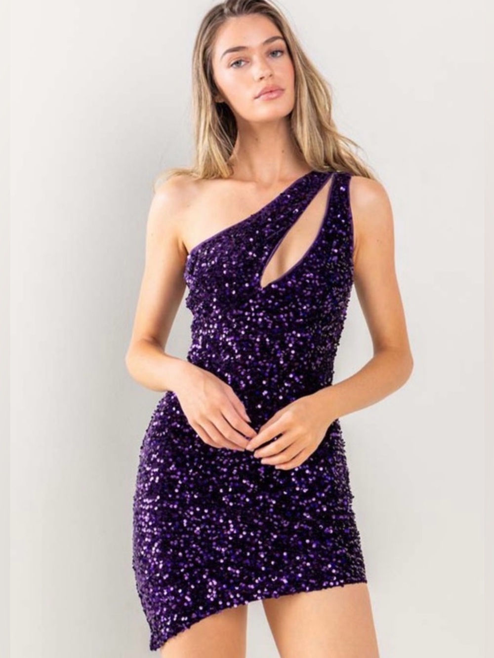 One-Shoulder Purple Sequin Mini Dress